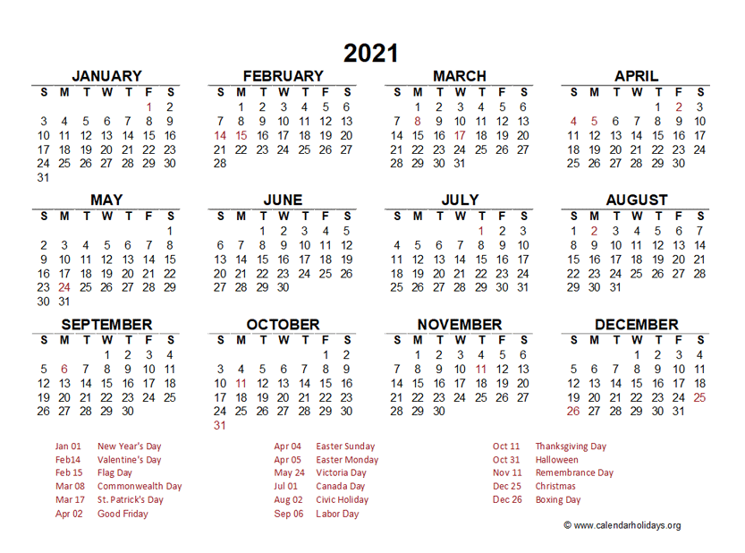 2021 Yearly Template Calendarholidays Org
