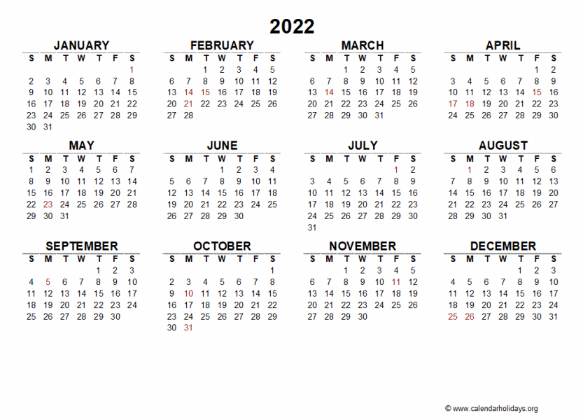 Printable 2022 Yearly Calendar 2022 Yearly Template - Calendarholidays.org