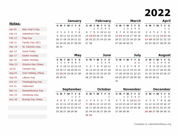 Yearly Calendar Template Canada Holidays