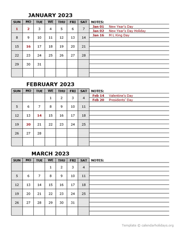 Quarterly Calendar With Holidays