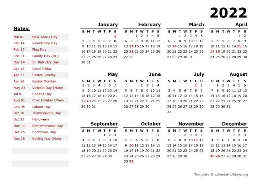 Canada 2022 Calendar 2022 Yearly Template - Calendarholidays.org
